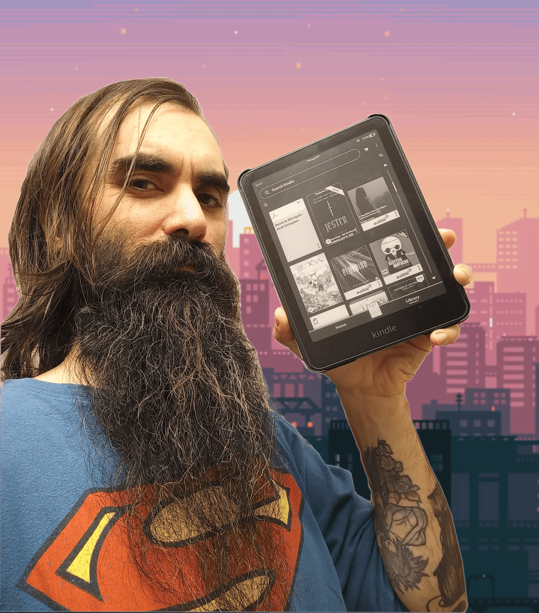 A beard with a book.
