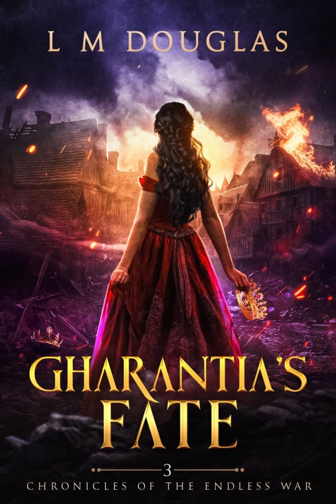 A lady holding a crown watches on as a town is set ablaze. Sparks fall around her. Her amethyst purple dress shines as bright as the fire.
