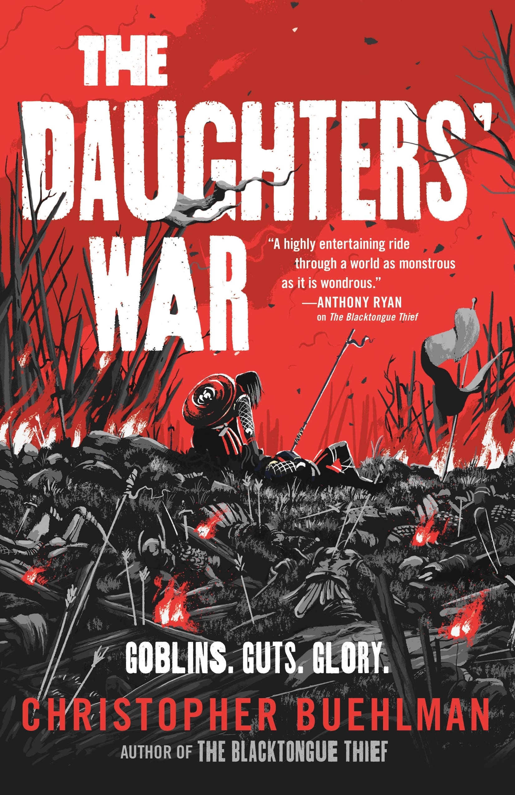 A woman on a field of dead bodies, cradling one particular body. The bodies are black, contrasted with a pure red sky. Fires and smoke wend their way into the sky. Flags hang limp.